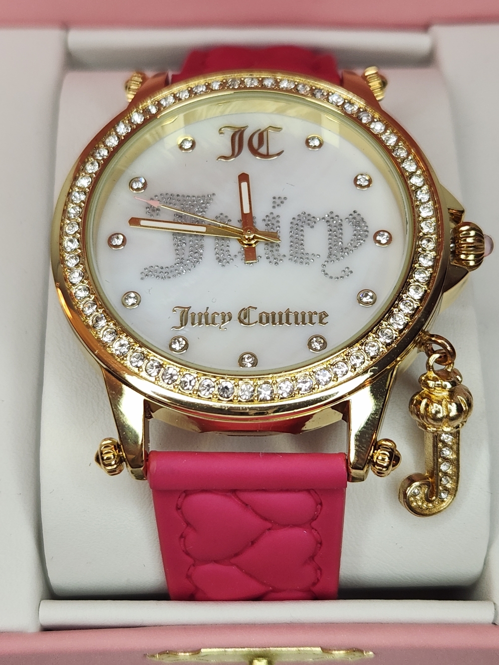 Juicy Couture Gold Tone Case Rhinestone Bezel Heart Embossed Watch New w/ BoxY2k